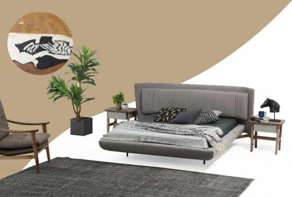 Garnituur Slaapkamer Tweepersoonsbed Bed Nachtkastjes Grijs Set 3-delig Stof