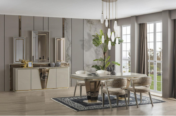 Eethoek Luxe eetgroep Eetkamer eettafel set Stoelen Beige 5 delig