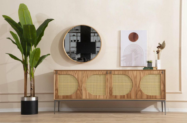 Eetkamer set hout eettafel set tafel dressoir spiegel 4 stoelen 7-delig.