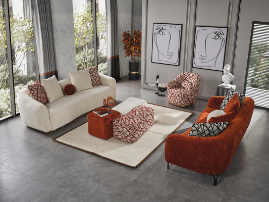 Bankstel 3-zitsbank 3x poef set design banken bekleding modern 6-delig