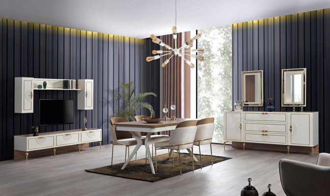 Eetkamerset met tafel, 4 stoelen, dressoir, 2 spiegels en wandmeubel 11-delig.