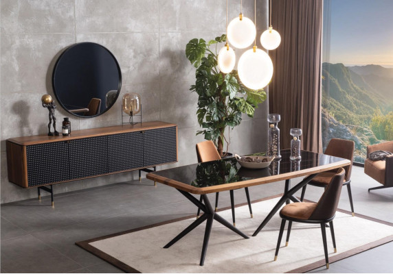 Eetkamer set tafel 4 stoelen dressoir spiegel 7-delige groep eethoek.