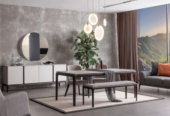 Eetkamer eettafel luxe meubels ontwerp materiaal hout moderne grijs.