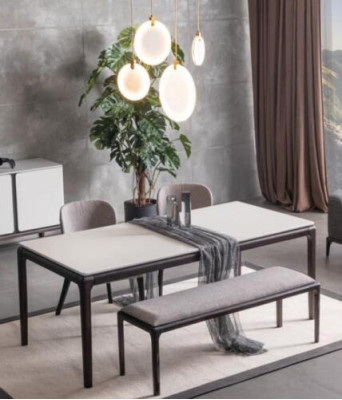 Eetkamer eettafel luxe meubels ontwerp materiaal hout moderne grijs.