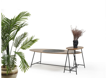 Moderne tafel salontafel bijzettafel ontwerp woonkamer hout ovaal 2-delig.