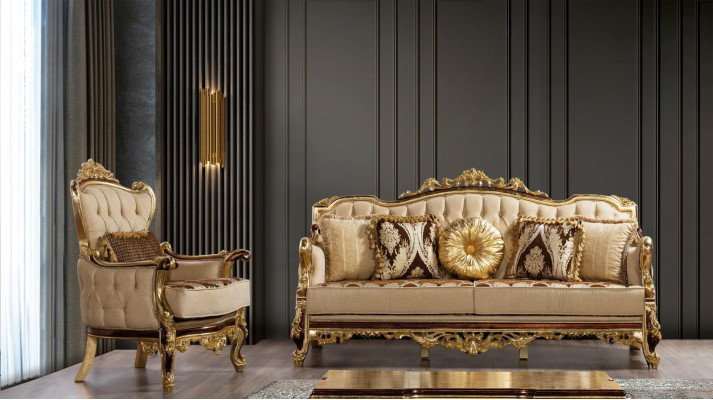 Gouden bankstel in barok en rococo stijl. Compleet 5-delige set bankstel. Nieuw.