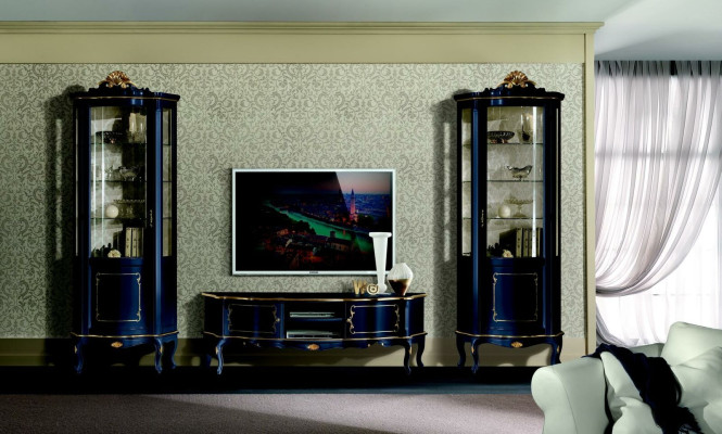 Luxe set van 3-delige garnituur RTV met 2x blauwe vitrine Italiaans luxe meubilair in barokstijl.