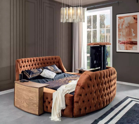 Chesterfield Bed Upholstered Design Luxury Beds Hotel Brown with TV Screen