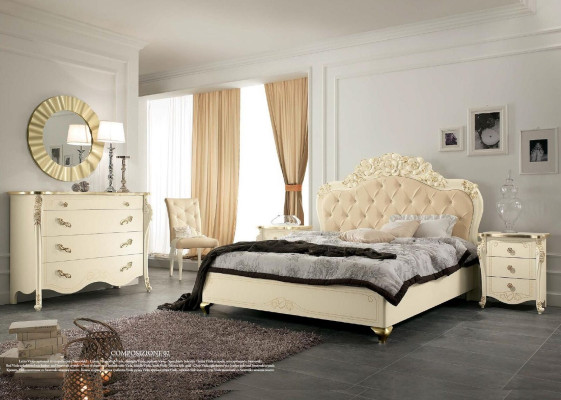 Slaapkamer set Beige Slaapkamer Bed Nachtkastje Commode Spiegel Stoel 6-delig.