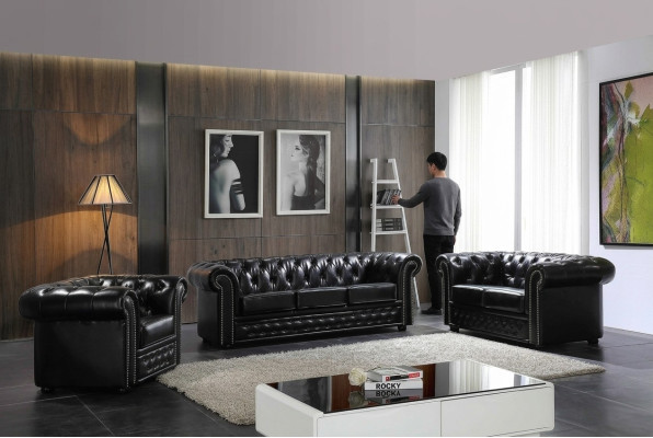 Chesterfield Design Luxe gestoffeerde bankstel van leer, 3-zits #606.