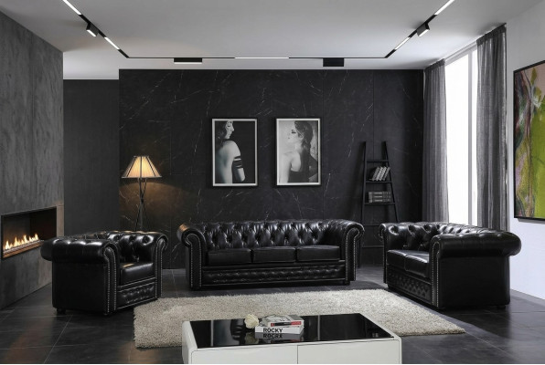 Chesterfield Design Luxe gestoffeerde bankstel van leer, 3-zits #606.