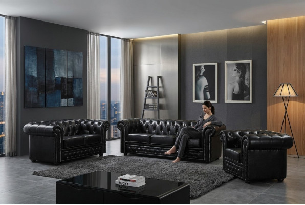 Chesterfield leren bank bank bank stof stoel set gestoffeerd garnituur 3+2 zitter