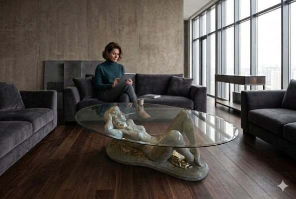 Erotische glazen tafel sculptuur figuur salontafel tafel bank bestel tafels standbeeld