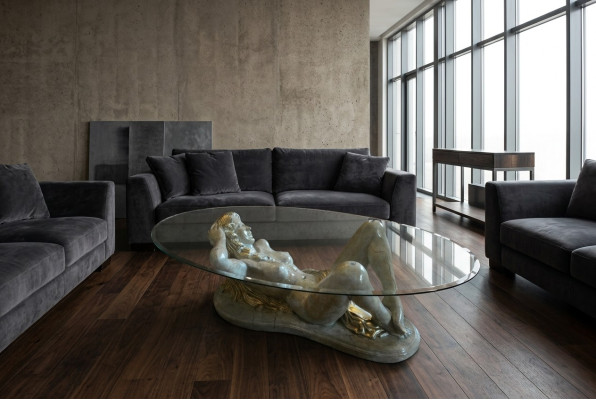 Erotische glazen tafel sculptuur figuur salontafel tafel bank bestel tafels standbeeld