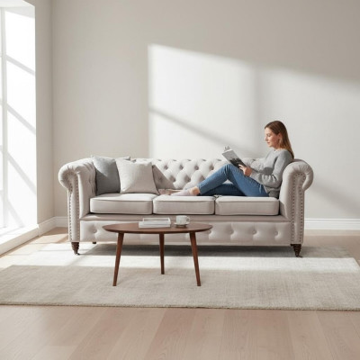 Ontwerp Klassieker Chesterfield Gestoffeerde Bankstel Bankstel 3-zits Leren Bank Nieuw.