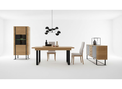 Hoogwaardige woonkamerset: vitrine + eettafel + dressoirkommode