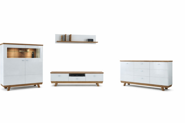 Woonkamer set met wandmeubel, sideboard, vitrine en rek in hotel design meubels nieuw.