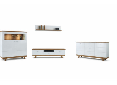 Woonkamer set met wandmeubel, sideboard, vitrine en rek in hotel design meubels nieuw.