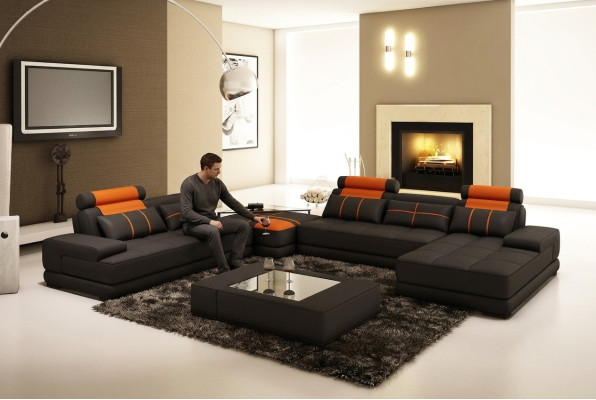 Designer gewatteerde leren hoekbank U-vormige moderne bank woonlandschap