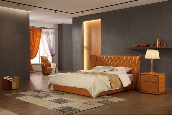 Ontwerper tweepersoonsbed bed bedden leer Chesterfield luxe hotel slaapkamer