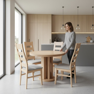 Klassieke ronde tafel van houten design eetkamertafel met 4 stoelen.