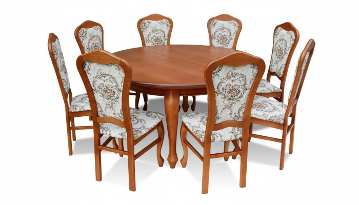 Klassieke ronde houten eetkamertafel + 8 stoelen