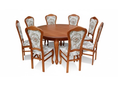 Klassieke ronde houten eetkamertafel + 8 stoelen