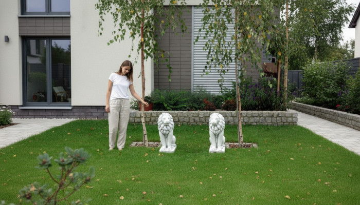Leeuw tuinbeeld terras decoratieve tuin sculptuur figuren beeldhouwwerk