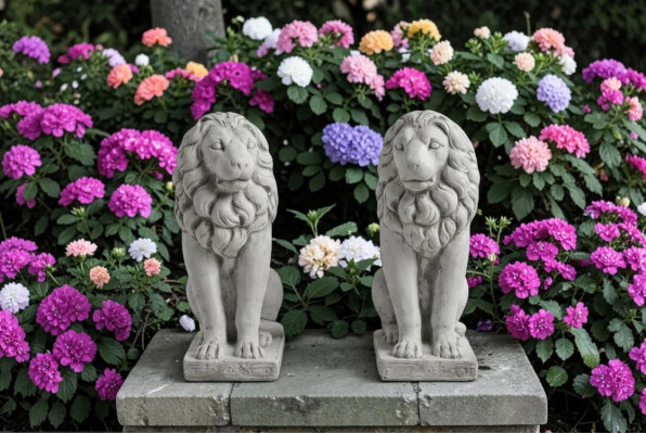 Leeuw tuinbeeld terras decoratieve tuin sculptuur figuren beeldhouwwerk