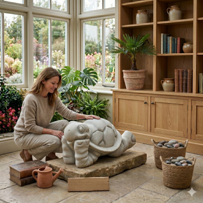 Tuinschildpaddecoratie voor op het terras, steenfiguur decoratie standbeeld.