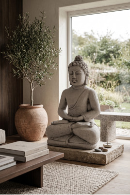 Boeddha beeld in steenlook. Decoratief groot beeld voor in de tuin.