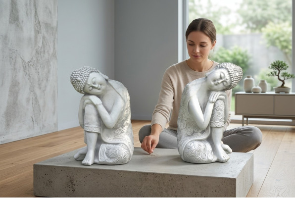 Decoratieve Boeddha sculptuur in steenlook. Groot beeld voor in de tuin.