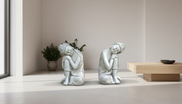 Decoratieve Boeddha sculptuur in steenlook. Groot beeld voor in de tuin.
