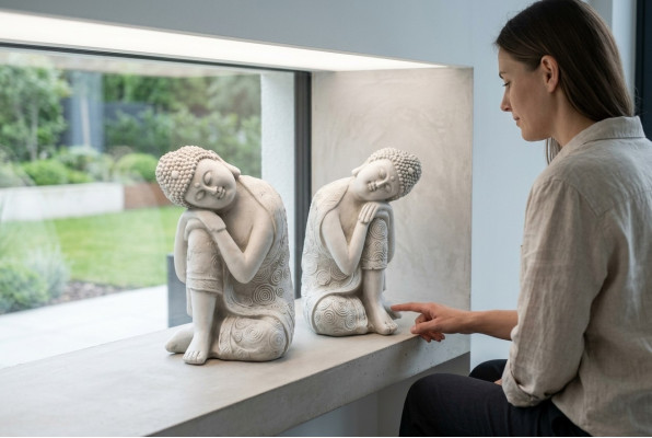 Decoratieve Boeddha sculptuur in steenlook. Groot beeldhouwwerk voor de tuin.