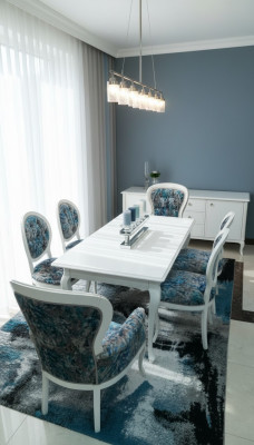 Stijlvol dineren. Klassieke grijs-blauwe eetkamerstoelen in een handige set van 4.