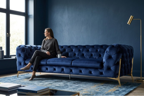Sofa Chesterfield Bank Bekleding XXL Set Textiel 3+3 designer Banken Blauw