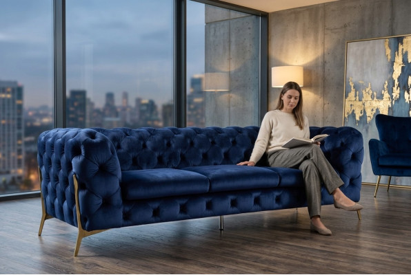 Chesterfield 3-zits bank gestoffeerde driezitter design banken textiel stof Italië.