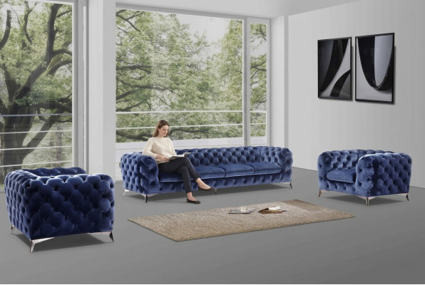 Blauwe Chesterfield bankstel stof 2+2 design meubels.