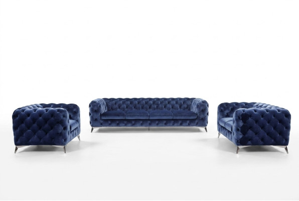 Blauwe Chesterfield bankstel stof 2+2 design meubels.