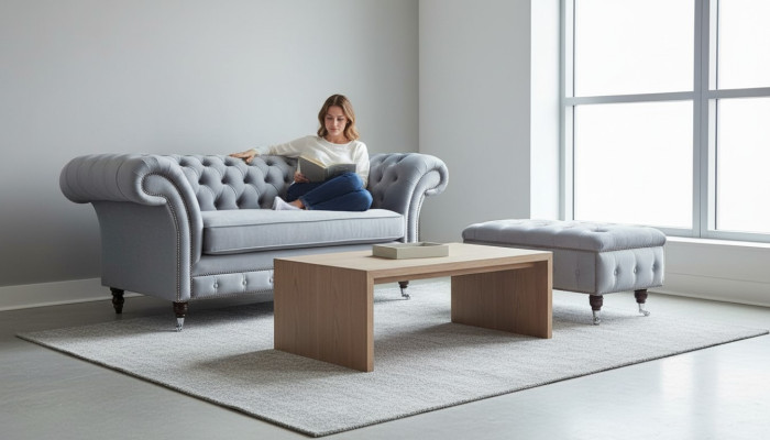 Chesterfield hocker voetstoel poef ottoman bijzet relax textiel leer nieuw
