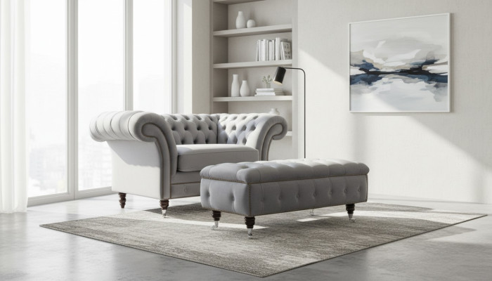 Chesterfield hocker voetstoel poef ottoman bijzet relax textiel leer nieuw