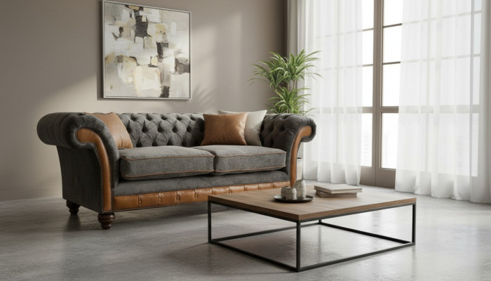 XXL bank 3-zitsbank Chesterfield gestoffeerde zitgroep leder textiel Nieuw Grijs  XXL bank 3-zits Chesterfield gestoffeerde zitgroep leer textiel Nieuw Grijs