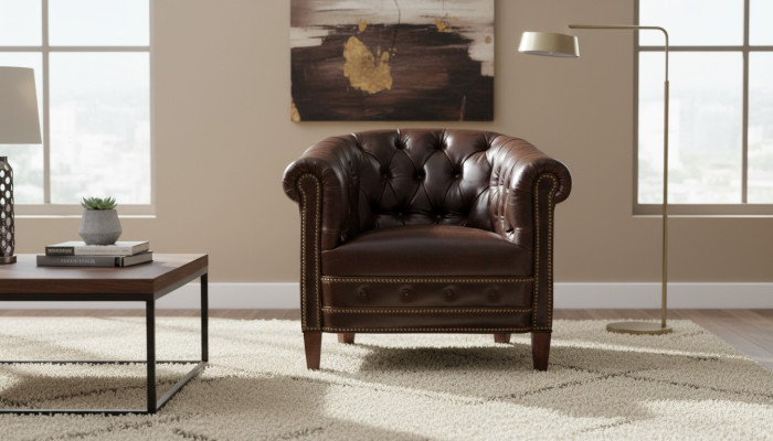 Designer fauteuil 1-zits bruin leer stof luxe club lounge sofa Chesterfield