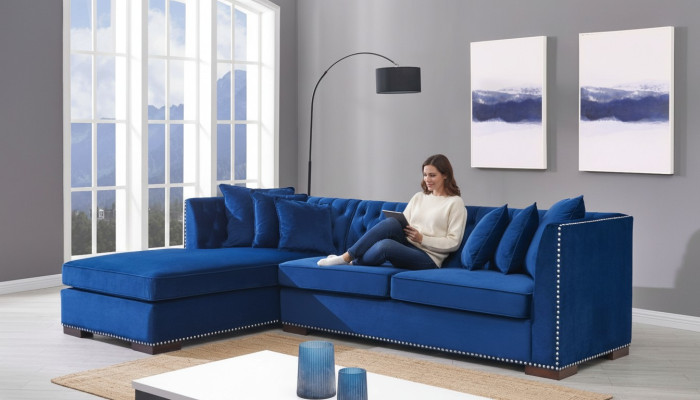 Chesterfield blauw designbank hoekbank bankstel textiel stof sofa's