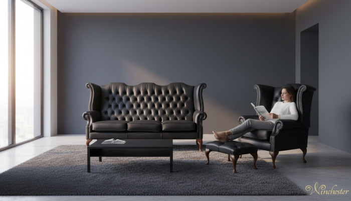 Zwart Chesterfield leren bankstel bekleding set 3+1 zits oorfauteuil
