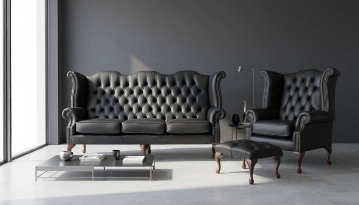 Zwart Chesterfield leren bankstel bekleding set 3+1 zits oorfauteuil