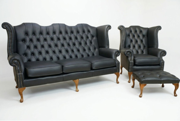 Zwart Chesterfield leren bankstel bekleding set 3+1 zits oorfauteuil