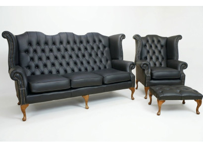 Zwart Chesterfield leren bankstel bekleding set 3+1 zits oorfauteuil