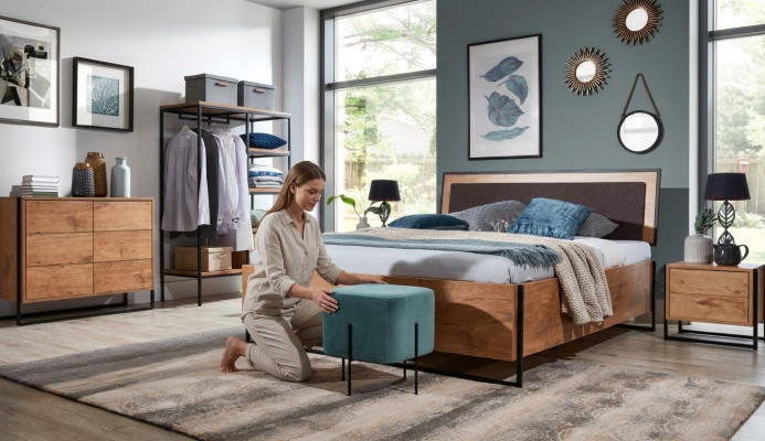 5-delige complete set Houten Slaapkamer Loft Stijl Ontwerp Bed Ladenkast Kast
