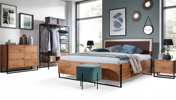 5-delige complete set Houten Slaapkamer Loft Stijl Ontwerp Bed Ladenkast Kast